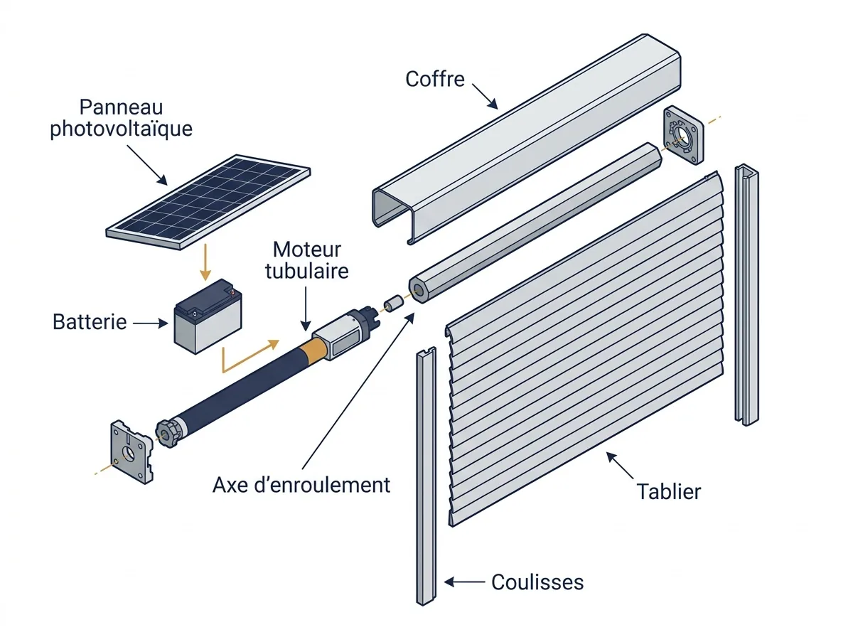Vue éclatée du volet roulant solaire : panneau, batterie, moteur, axe, coffre, tablier et coulisses.