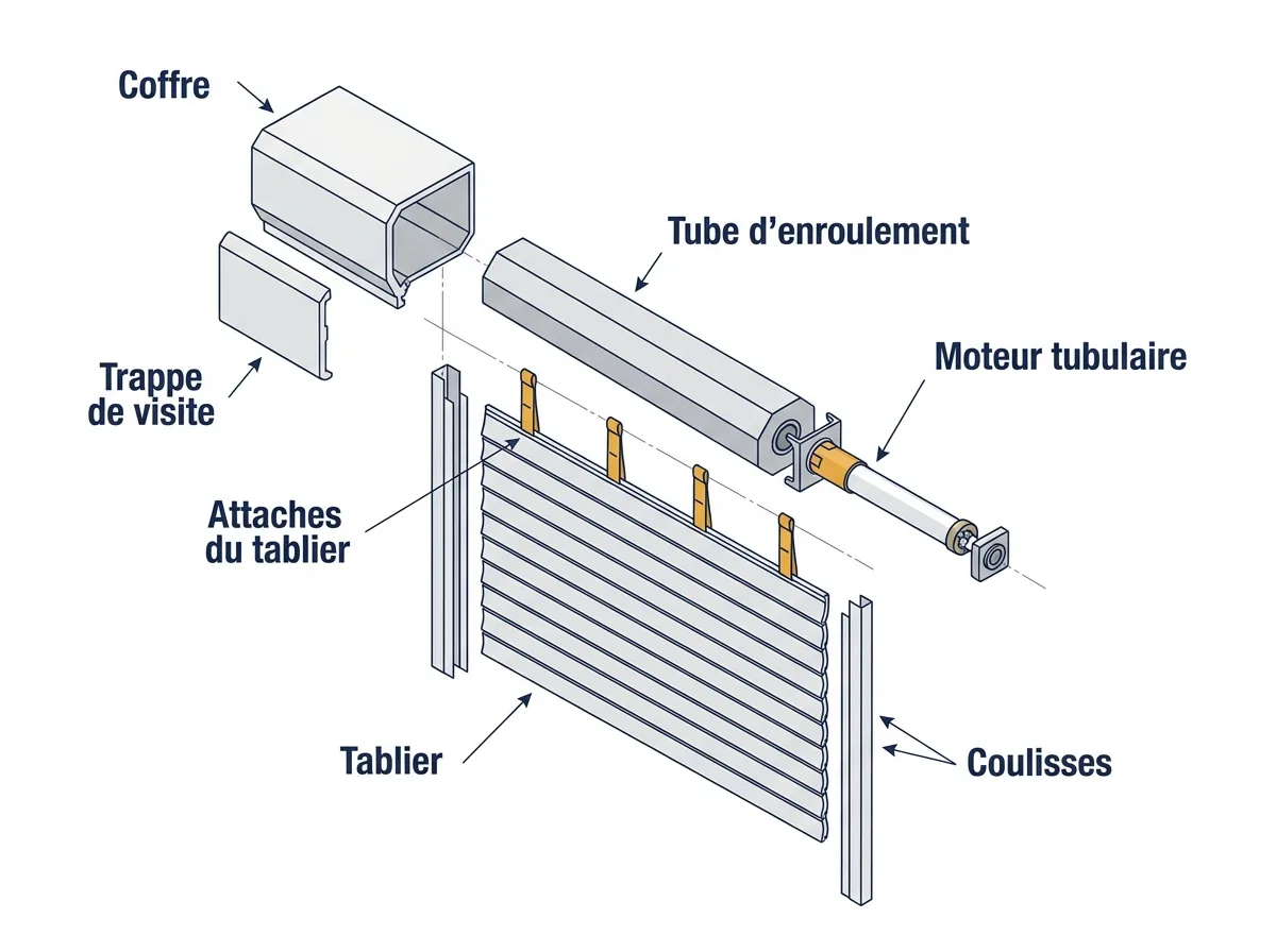 Vue éclatée d’un volet roulant dans le Val-de-Marne : coffre, moteur, tablier et coulisses.